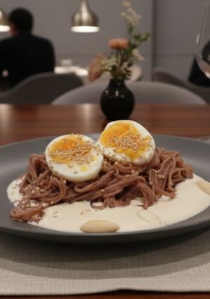 Una foto de Fideos Vermicelli Integrales sobre Salsa de Yogourt con Parmesano y Huevo duro