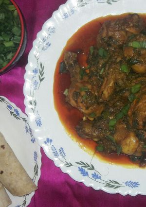 পেঁয়াজ শাক মুরগির যুগলবন্দি।(chicken with green onion) রেসিপির প্রধান ছবি