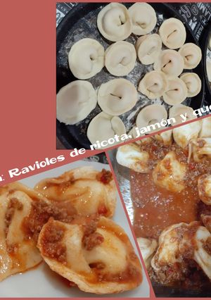 Una foto de Ravioles de ricota, jamón y queso con salsa 😋