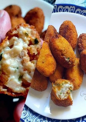 Una foto de Croquetones bombón de pollo abierto asado con doble rebozado