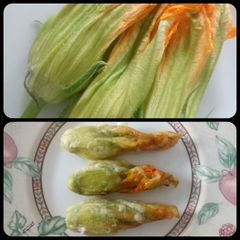A picture of Stuffed courgette flowers.