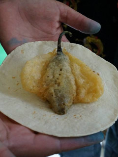 Una foto de Chiles capeados serranos mariposa de papa, chía y xoconostle con salsa de jitomate barroca