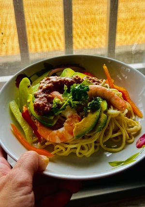 A picture of Chilled Avocado Shrimp Noodles.