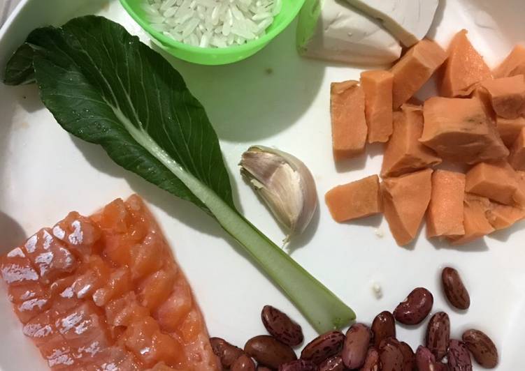 Rahasia Memasak Mpasi 7M+ BUbur nasi salmon kacang merah ubi kuning sawi hijau yang Lezat Sekali!