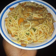 A picture of Spagetti with biscuit bone.