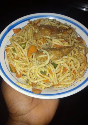 A picture of Spagetti with biscuit bone.