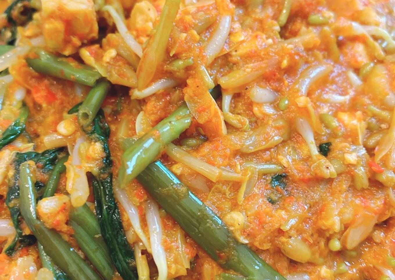 Tumis kangkung toge bunga pepaya tempe pedas Vegan