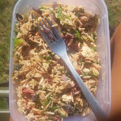 A picture of Tofu, egg and veg fried rice.