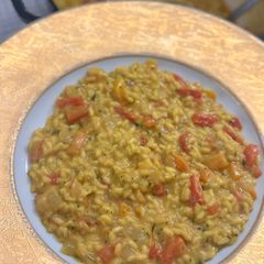 A picture of Risotto with Roasted Peppers and Pecorino.