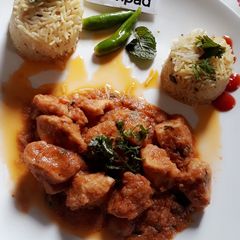A picture of Butter chicken with garlic Rice.