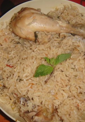 A picture of Mughalai chicken biryani.