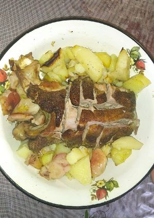 Фото Утиная грудка с картофелем и яблоками.
