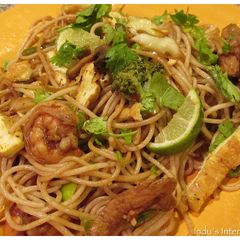 A picture of Pad Thai Style Noodles with Chicken and Shrimp.