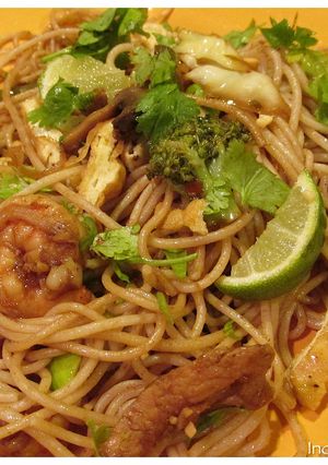 A picture of Pad Thai Style Noodles with Chicken and Shrimp.