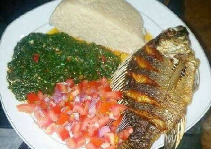 Fried Fish, Kales and Kachumbari With Ugali