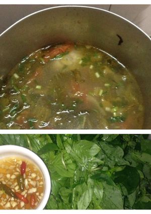 Hình của món Canh dưa chua cá diêu hồng - ăn kèm rau sống.