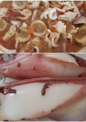 Hình của món Mực nhồi thịt hấp và sốt cà chua.