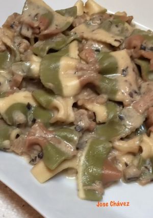 Una foto de Farfalle Bianche Rosse & Verdi de atún y salsa deboletus