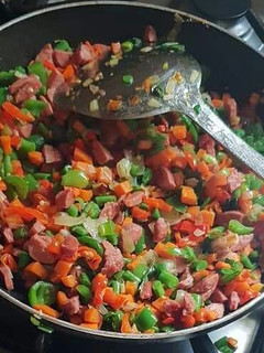 A picture of Stir fry Sausage and veggies.