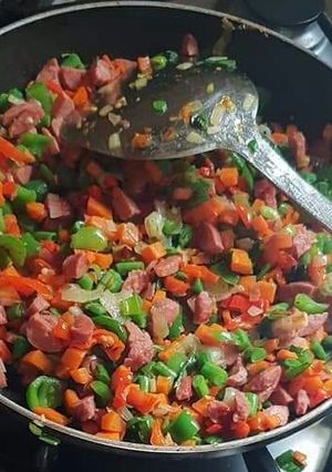A picture of Stir fry Sausage and veggies.