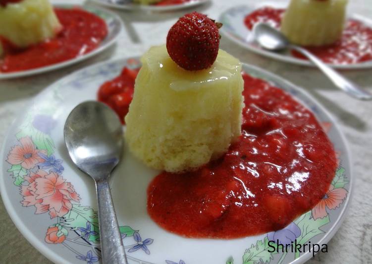 Lemon pudding cake with Fresh Strawberry Sauce