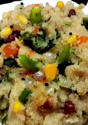 A picture of Rava Upma with corn and vegetables.