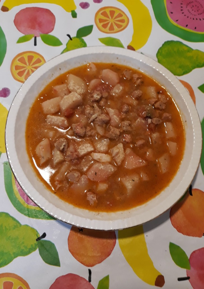 Una foto de Estofado de patatas agridulces con soja texturizada