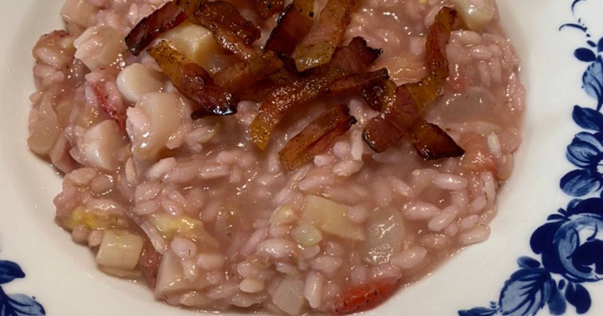 Ricetta Risotto asparagi rosa e fragole con guanciale croccante di