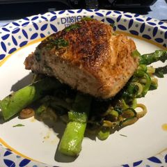 A picture of Spicy Skinned Salmon, Sautéed Asparagus and Zucchini Noodles.