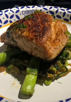 A picture of Spicy Skinned Salmon, Sautéed Asparagus and Zucchini Noodles.