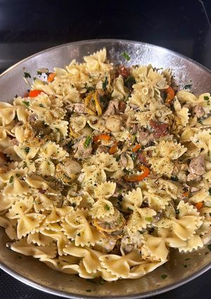 A picture of Pasta with Japanese Scallops and Sun Dried Tomatoes.