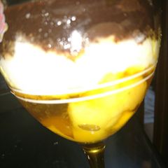A picture of Dessert mango jelly with cream and chocolate.