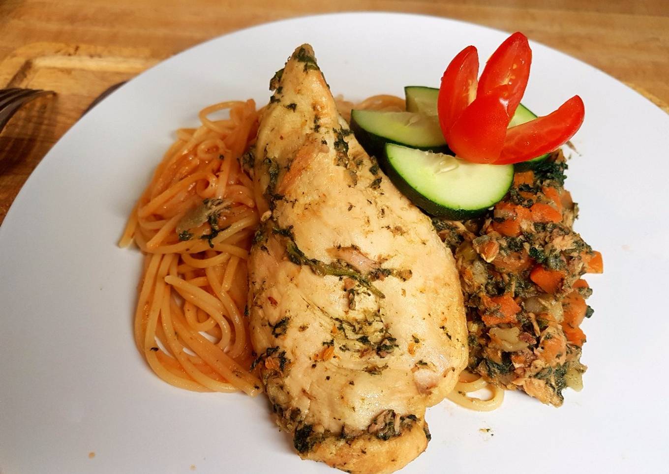 Mixed veges and pasta chicken breast