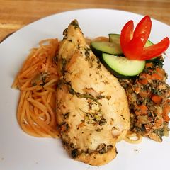A picture of Mixed veges and pasta chicken breast.