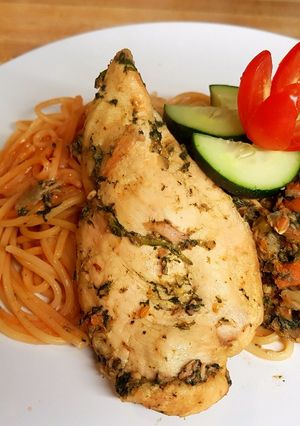A picture of Mixed veges and pasta chicken breast.