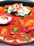 Calamari con gelée di anguria al peperoncino e gazpacho di anguria e ciliegie