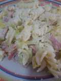 Fusilli con puerrros y beicon con thermomix
