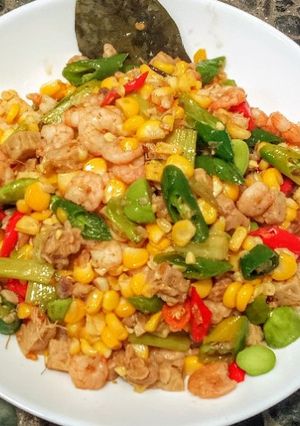 Foto resep Tumis jagung, udang, tempe, Pete cabe hijau