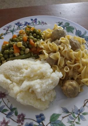 A picture of Golden Mushroom Meatballs and Noodles.