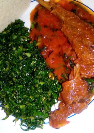 A picture of Stewed kienyeji chicken.