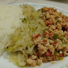 A picture of Ugali, streamed cabbage and fried eggs.#festival contest#Mombasa.