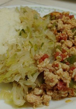 A picture of Ugali, streamed cabbage and fried eggs.#festival contest#Mombasa.