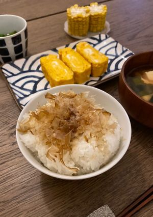 A picture of Japanese rice with bonito flakes and soy sauce - Nekomanma (literal translation means Cat rice) 🐱🍚🇯🇵.