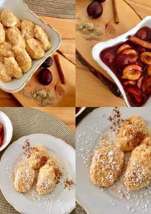 O poză a rețetei Topfennockerln... Găluște de brânză cu pesmet prăjit în unt și prune caramelizate.