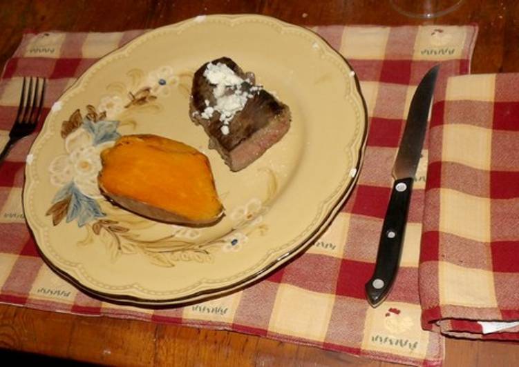 Sous Vide Strip steak with baked Sweet Potato