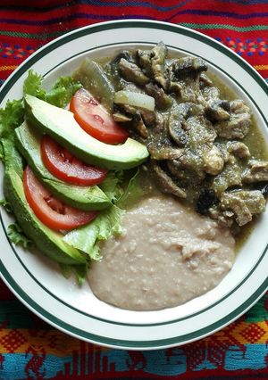 A picture of Steak in Green Sauce with Mushrooms.