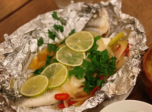 A picture of Thai style steamed sea bass 🇹🇭.