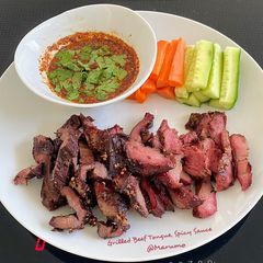 A picture of Grilled Beef Tongue, Spicy Sauce.