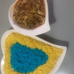 Color rice with cabbage soup A picture of Color rice with cabbage soup.