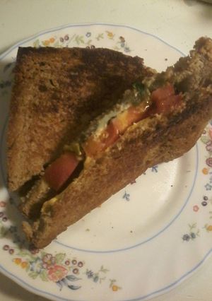 A picture of Tomato and basil grilled cheese sandwich.